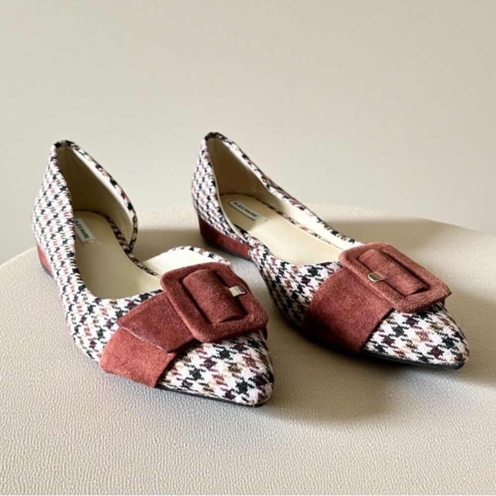Alex Marie Multicolor Houndstooth Pointed Flats with Rust Suede Buckle